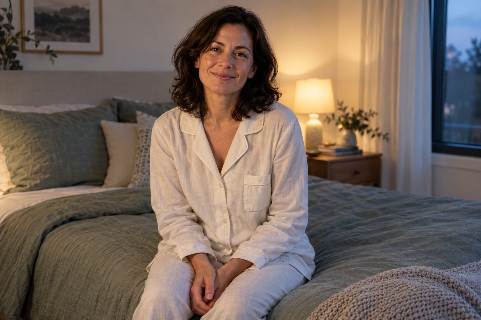 Mulher com expressão tranquila sentada à beira da cama em um quarto acolhedor
