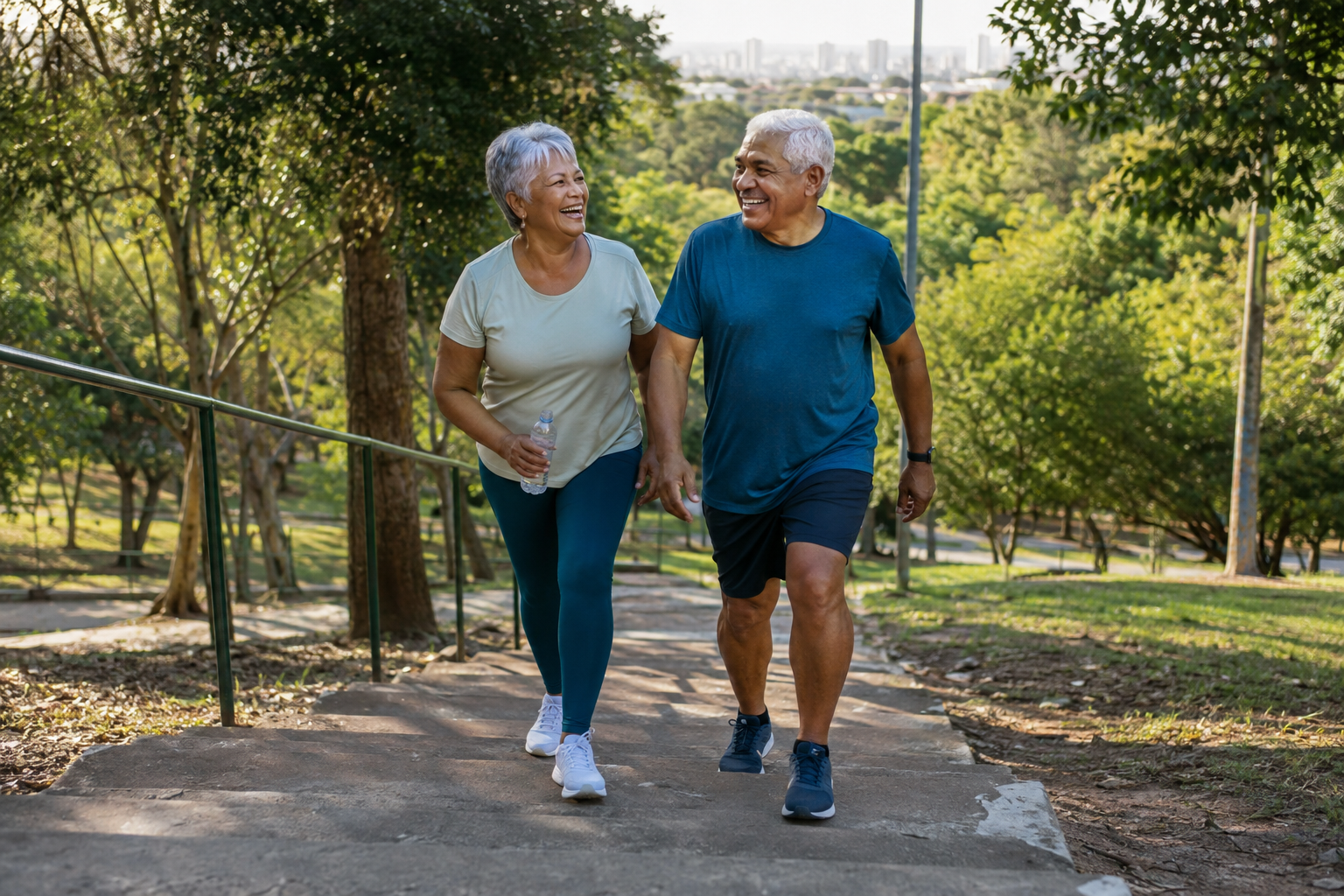 Casal idoso caminhando com alegria em uma subida segura no parque.