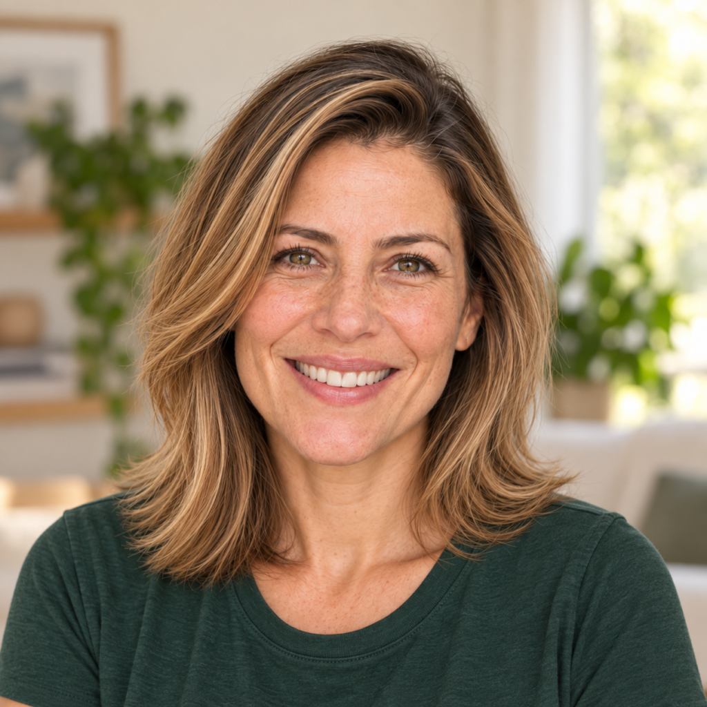 Lorena, apresentadora virtual do Mova e Nutra, sorrindo em um ambiente claro.