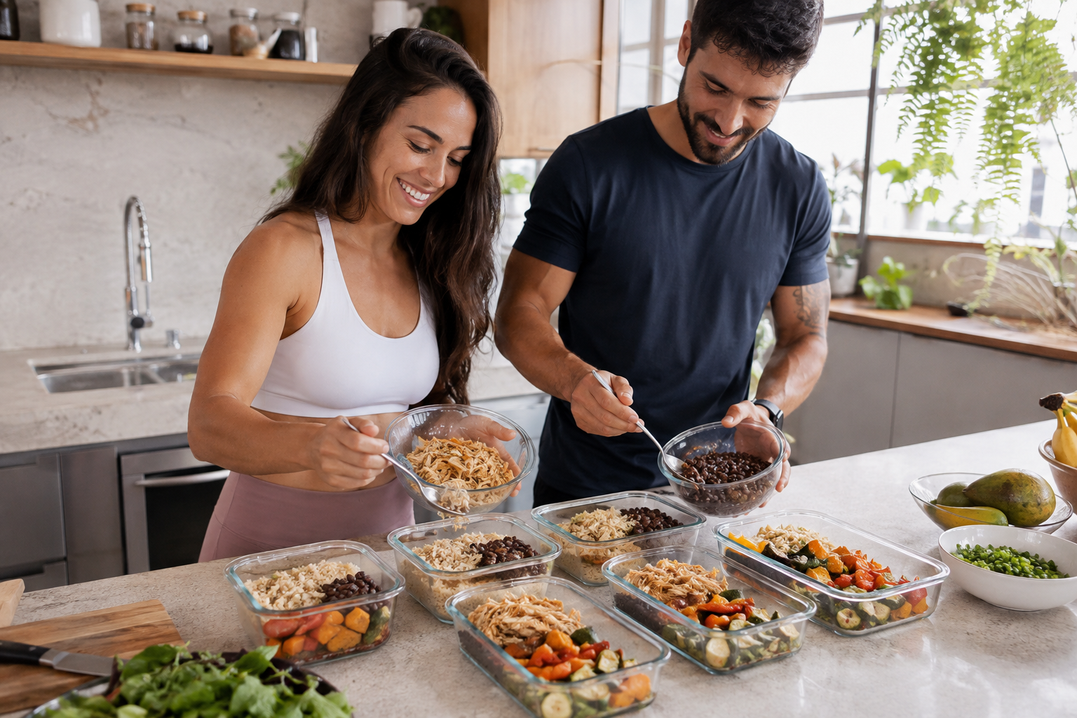 Casal montando marmitas com frango, arroz, feijão e legumes