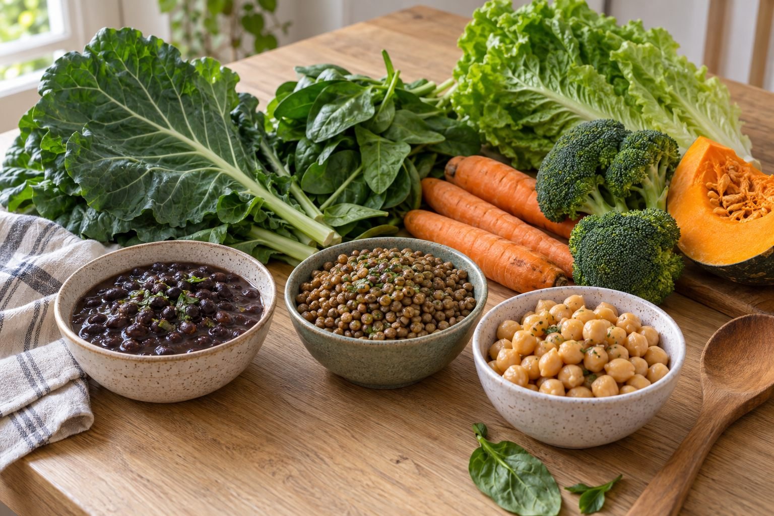 Tigelas de feijão, lentilha e grão-de-bico cozidos ao lado de couve, espinafre, alface, brócolis, cenoura e abóbora.