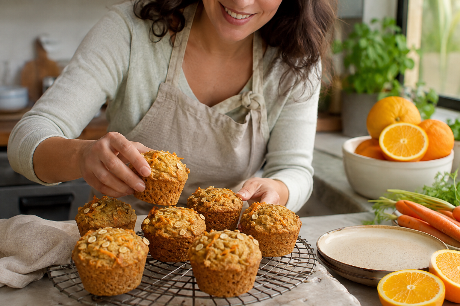 Mulher colocando muffins integrais de cenoura e laranja em uma grade