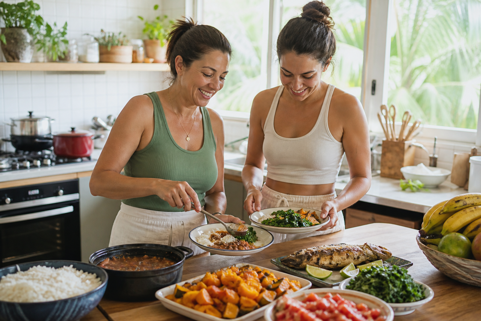 Duas mulheres preparando uma refeição brasileira variada em casa.