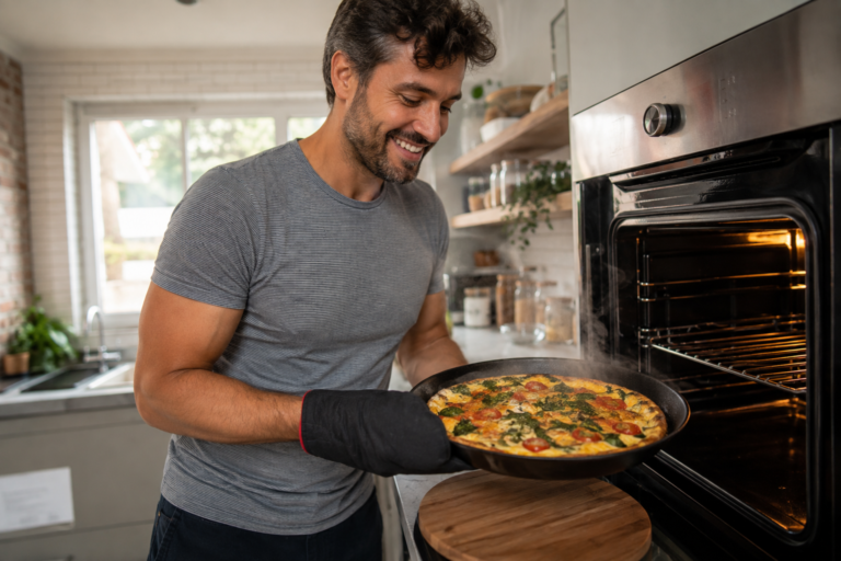 Homem retirando omelete com tomate e espinafre do forno