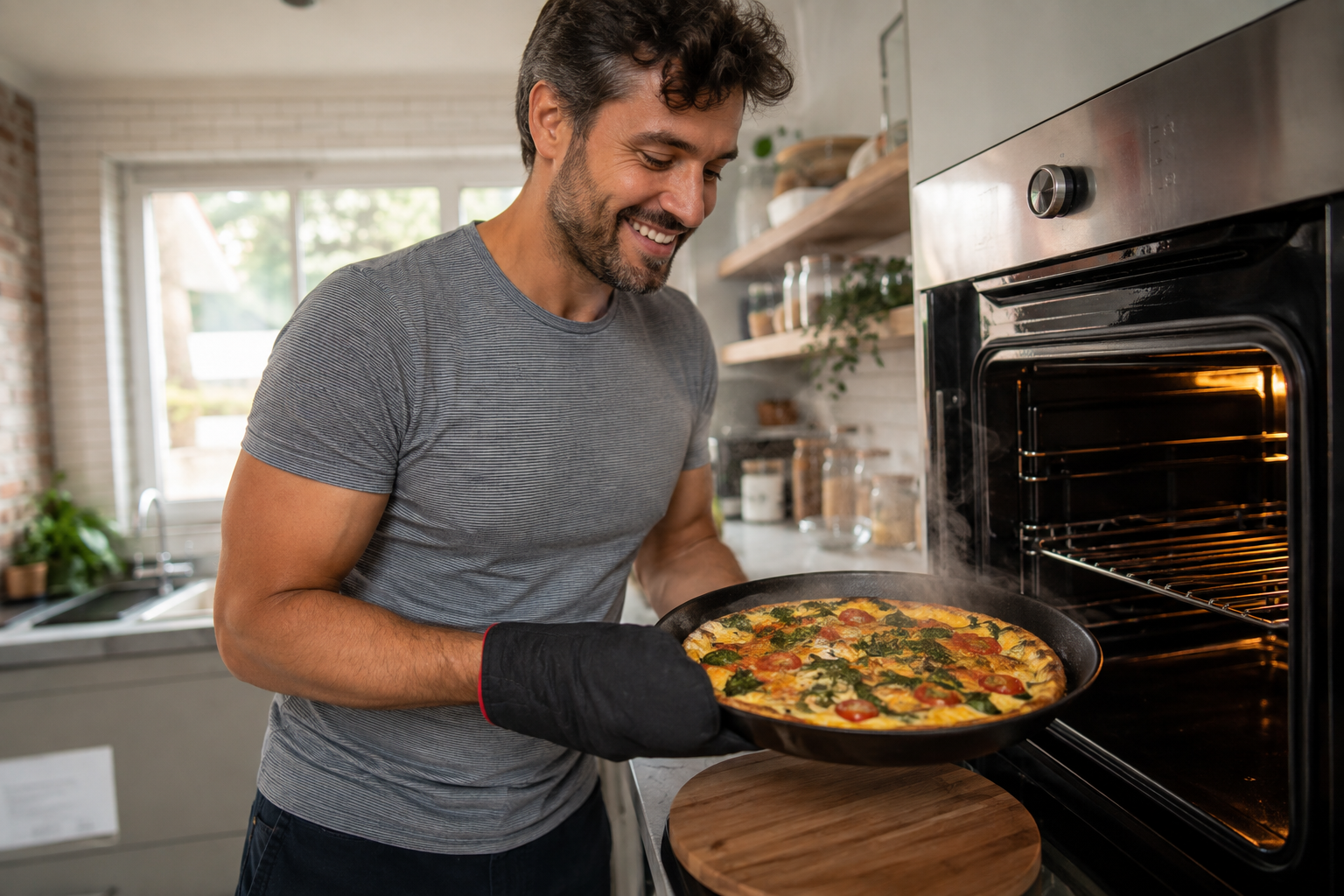 Homem retirando omelete com tomate e espinafre do forno