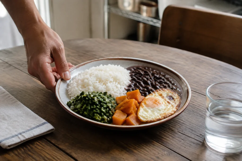 Prato brasileiro com arroz, feijão, couve, abóbora e ovo servido à mesa.