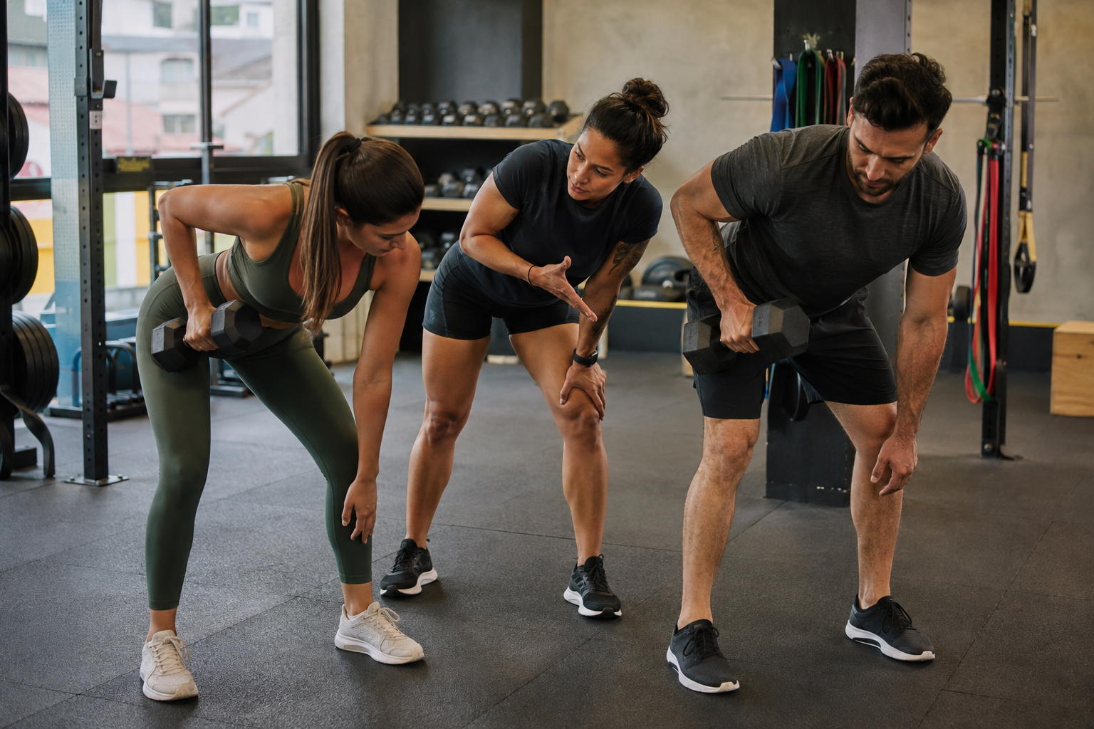 Treinadora orientando duas pessoas durante uma sessão de musculação.