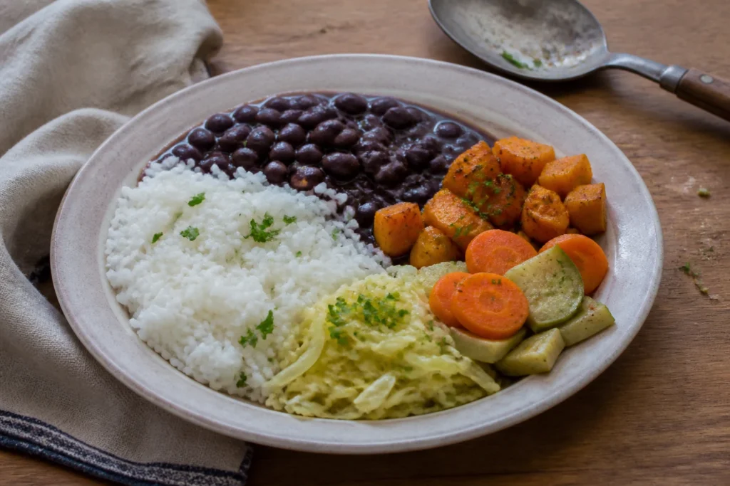 Prato caseiro com arroz, feijão e legumes dourados servido à mesa.