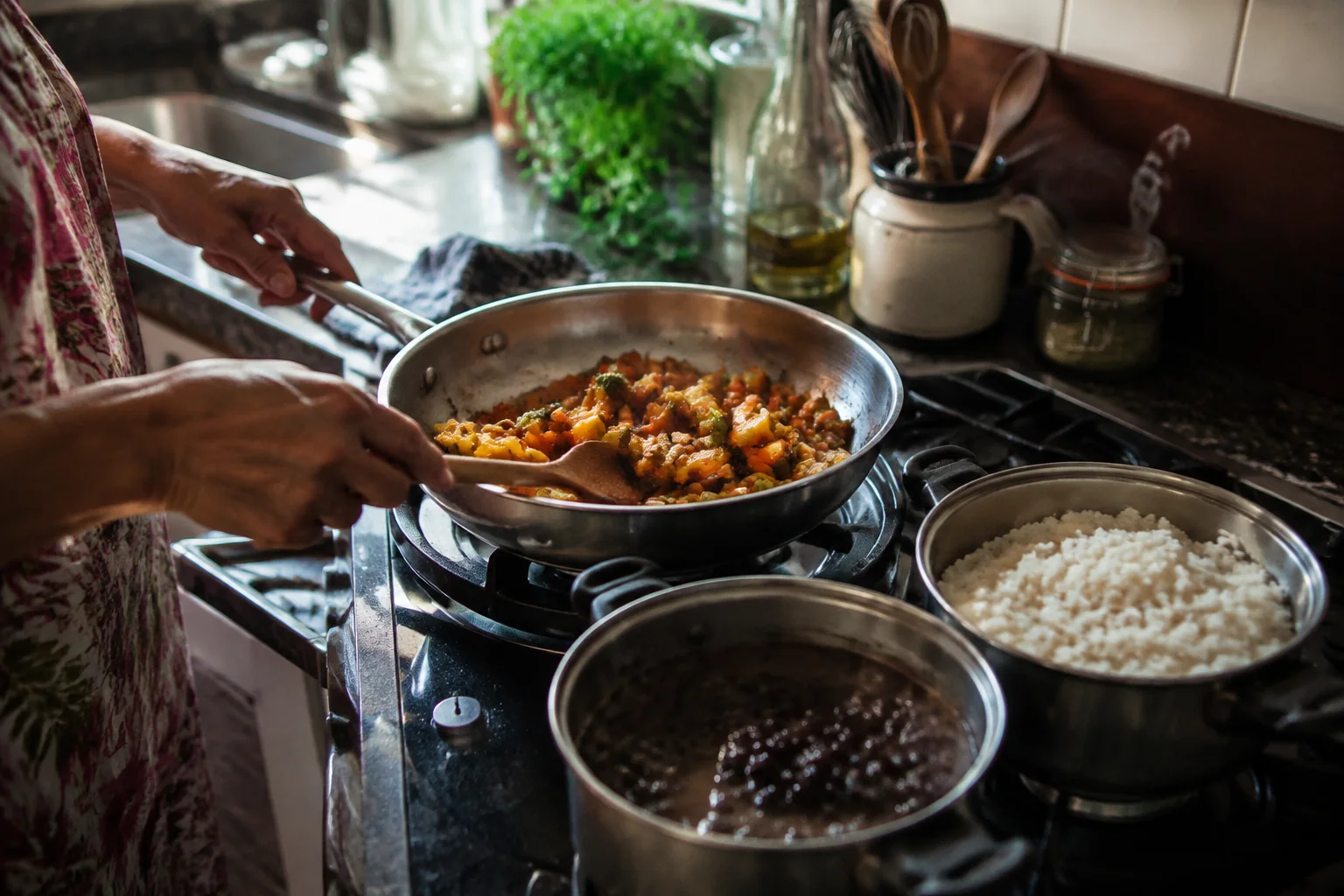 Preparo de arroz, feijão e legumes dourados em uma cozinha brasileira