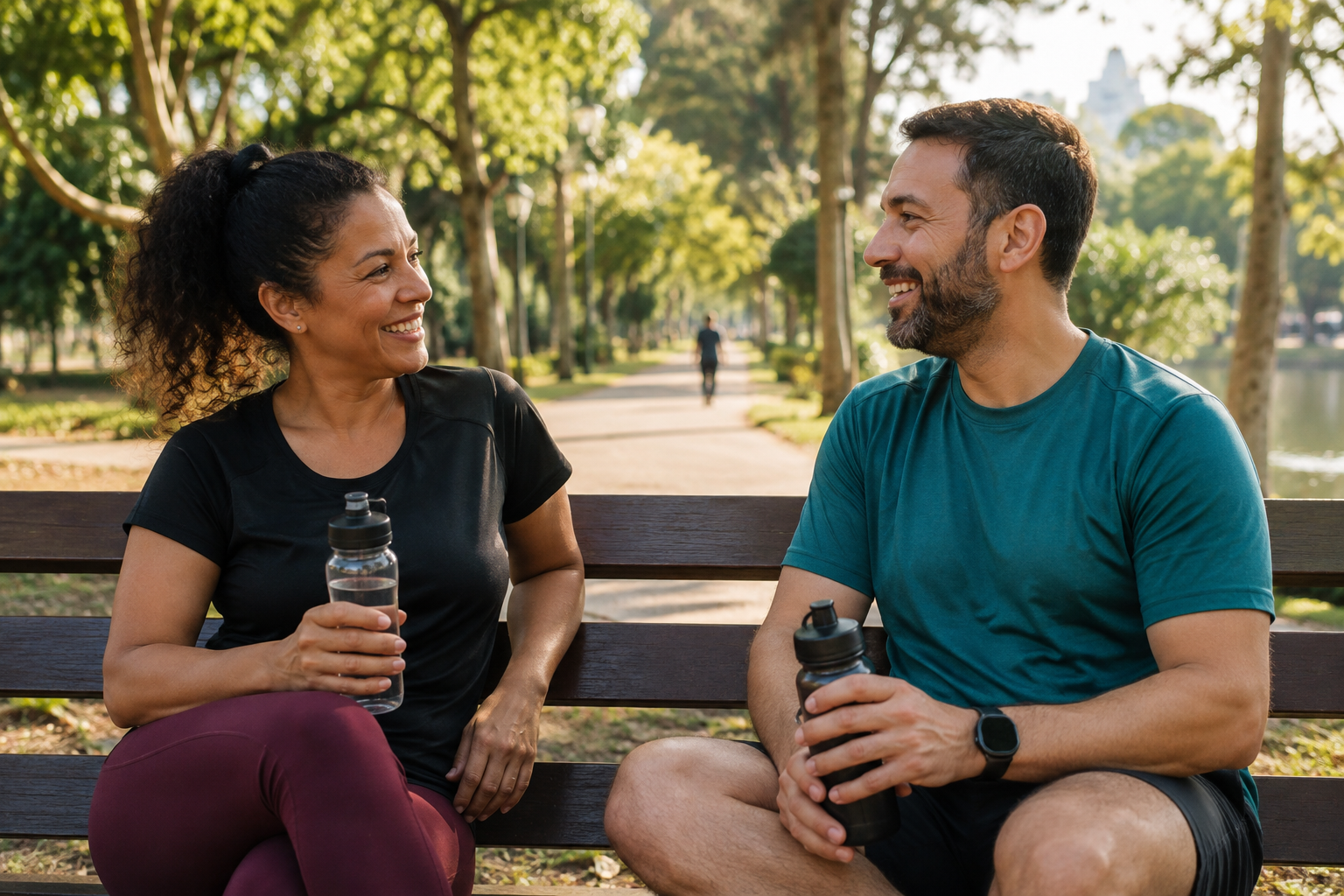 Dois amigos conversando alegremente depois de uma caminhada no parque.
