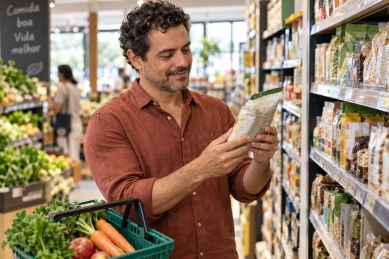 Homem conferindo a embalagem de um alimento no mercado, ao lado de uma cesta com frutas e verduras.
